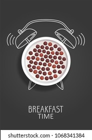 Breakfast time. Realistic milk with chocolate cereal balls and painted alarm clock. Concept. Vector illustration