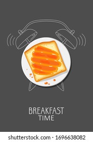 Breakfast time. Realistic toast with apricot jam and painted alarm clock. Concept. Vector illustration.