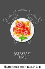 Breakfast time. Realistic waffles, jam and fresh strawberries and painted alarm clock. Concept. Vector illustration.