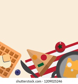 Breakfast time set with butter berries pancake waffles, pizza, tomato and cheese. template for wallpaper, banner, website, cover and decorations. Top view flat style vector illustration.