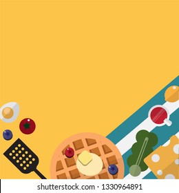 Breakfast time set with butter berries pancake waffles, tomato, lemon, cheese and fried eggs. Template for wallpaper, banner, website, cover and decorations. Top view flat style vector illustration. 
