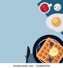 Breakfast time set with butter pancake waffles, berries, strawberry jam and fried eggs. Template for wallpaper, banner, website, cover and decorations. Top view flat style vector illustration. 