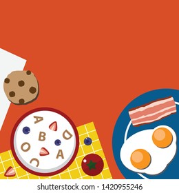 Breakfast time set with chocolate chip cookies, cereal milk, freid egg with bacons and tomato. Template for wallpaper, banner, website, cover and decorations. Top view flat style vector illustration.