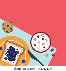 Breakfast time set with cream blueberry pancake waffle, ceral milk, almond and cookies. Template for wallpaper, banner, website, cover and decorations. Top view flat style vector illustration.
