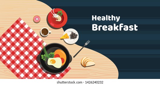 Breakfast time set with cream blueberry waffle pancake, fried egg, sausage and black coffee. Template for wallpaper, banner, website, cover and decorations. Top view flat style vector illustration.