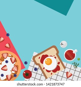 Breakfast time set with cream strawberry pancake waffle, fried egg sanwich and ketchup. Template for wallpaper, banner, website, cover and decorations. Top view flat style vector illustration.