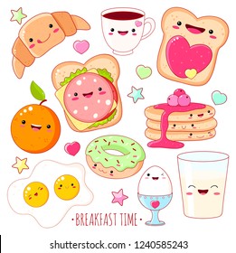 Breakfast time. Set of cute food icons in kawaii style with smiling face and pink cheeks for sweet design. EPS8  