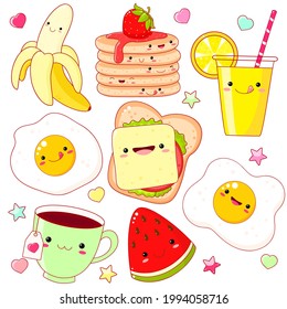 Hora del desayuno. Conjunto de adorables íconos de comida al estilo kawaii para el diseño dulce. Banana, café, té, zumo de naranja, tortitas, sándwich de queso y verduras, sandwich de sandía, huevos revueltos. EPS vectorial8  