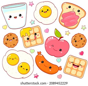 Breakfast time. Set of cute food icons in kawaii style for sweet design. Milk, apple, cookies with choco chips, sausage, scrambled eggs, waffles with honey, sandwich with jam. Vector EPS8  