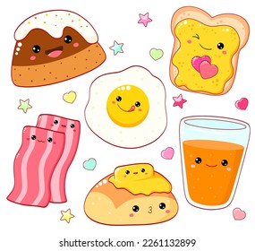 Breakfast time. Set of cute food icons in kawaii style for sweet design. Scrambled eggs, cupcake, orange juice, butter bun, honey sandwich, bacon. Vector illustration EPS8  