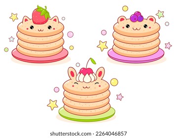 Hora del desayuno. Conjunto de adorables íconos de comida al estilo kawaii para el diseño dulce. Crepes con bayas frescas.  Pila de tortitas en forma de animal - conejito, gato, oso. Ilustración del vector EPS8  