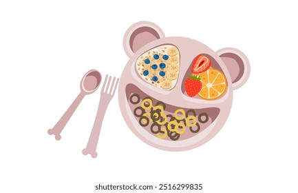 Hora del desayuno. Conjunto de iconos de comida linda en estilo de dibujos animados para el diseño dulce. Huevos, gofres con panqueques, frutas y verduras mermelada en el plato lindo para el menú de los niños.