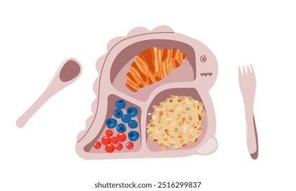 Frühstück. Set von niedlichen Essen Icons im Cartoon-Stil für süßes Design. Eier, Waffeln mit Pfannkuchen, Obst und Gemüse Marmelade auf niedlichen Teller für Kindermenü .