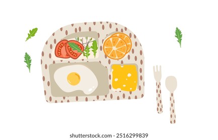 Breakfast time. Set of cute food icons in cartoon style for sweet design. Eggs, waffles with pancakes ,fruits and vegetables jam on cute plate for kids menu .