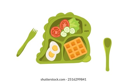 Hora del desayuno. Conjunto de iconos de comida linda en estilo de dibujos animados para el diseño dulce. Huevos, gofres con panqueques, frutas y verduras mermelada en el plato lindo para el menú de los niños.