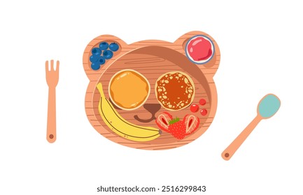 Breakfast time. Set of cute food icons in cartoon style for sweet design. Eggs, waffles with pancakes ,fruits and vegetables jam on cute plate for kids menu .