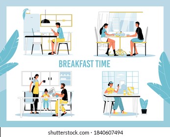 Breakfast time set. Daily morning people healthy meal habit. Young family child, loving couple, single man woman eating vegetarian food, fresh milk porridge at home kitchen. Good day start