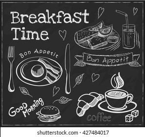 Breakfast time. Set on the chalkboard. Sketches for design in retro style