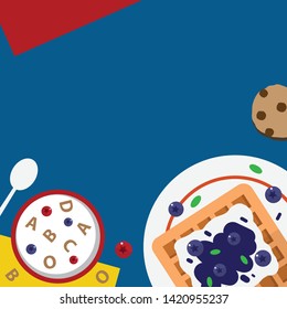 Breakfast time set with pancake waffles, chocolate chip cookie and cereal milk. Template for wallpaper, banner, website, cover and decorations. Top view flat style vector illustration.