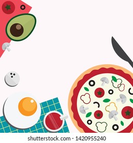 Breakfast time set with pizza, tomato, avocado, fried egg and ketchup. Template for wallpaper, banner, website, cover and decorations. Top view flat style vector illustration.