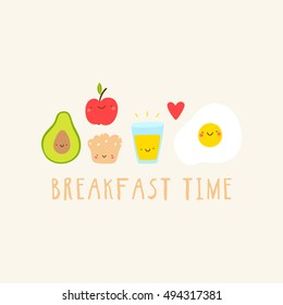 Breakfast Time super cute illustration with avocado, orange juice, an egg, muffin and apple. Hand drawn Smiley characters about Tasty food and Breakfast.