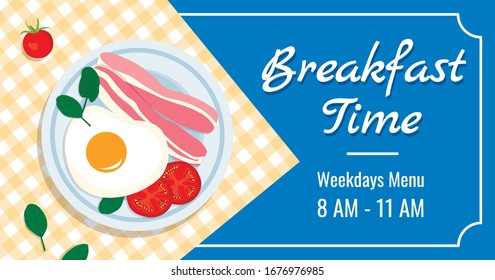 Breakfast time vector banner template with delicious fried egg, bacon, tomatoes and basil in white plate on checkered tablecloth. Healthy menu and dieting. Advertisement and special offers.