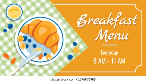 Breakfast time vector banner template with delicious croissant, honey, almond, blueberries and walnut in white plate on checkered tablecloth. Healthy menu, keto-dieting. Advertisement, special offers.