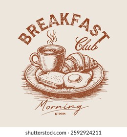 Breakfast time vector design. Morning time artwork for apparel, Vintage Illustration Of Breakfast Plate With Toast And Eggs. Fresh start your day