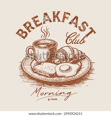 Breakfast time vector design. Morning time artwork for apparel, Vintage Illustration Of Breakfast Plate With Toast And Eggs. Fresh start your day