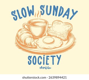 Breakfast time vector design. Slow Sunday artwork for apparel, Vintage Illustration Of Breakfast Plate With Toast And Eggs. Fresh start your day. Breakfast time vector design. Morning eating artwork 