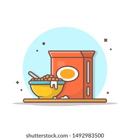 Breakfast Time Vector Icon Illustration. Bowl Cereal Mix with Vanilla Milk. Design For Breakfast Menu, Cafe and Restaurant. Flat Cartoon Style Suitable for Web Landing Page, Banner, Flyer, Sticker