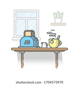 Breakfast Time Vector Icon Illustration. Toasted Bread with Hot Tea. Design For Breakfast Menu, Cafe and Restaurant. Flat Cartoon Style Suitable for Web Landing Page, Banner, Flyer, Sticker