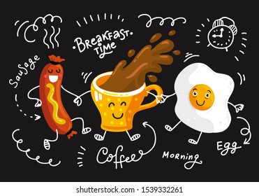 Breakfast time. Vector placemat or poster with calligraphy lettering. Flat chalk illustration of dancing coffee cup, sausage, egg. Cafe menu template