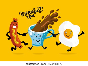 Breakfast Time. Vector Poster Or Greeting Card With Calligraphy Lettering. Flat Chalk Illustration Of Dancing Coffee Cup, Sausage, Egg. Cafe Menu Template