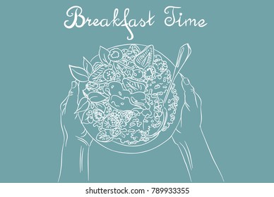 Breakfast time vector top view  illustration,  hand drawn sketch vector illustration