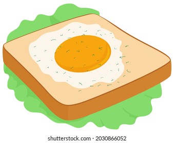 Breakfast toast with bread and fried egg. Vector food illustration on green salad.