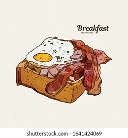 Breakfast in toast with eggs and bacon. hand draw sketch vector.