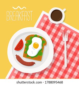 Breakfast with toast, eggs, sausage, tomato, coffee on plate. Flat vector illustation.
