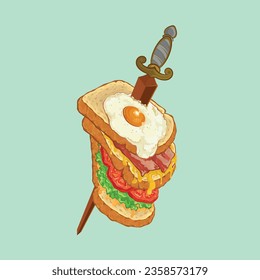breakfast in toast fried egg and bacon with sword stuck. Illustration of food with a sword sticking out, unique French toast which can be used for any design.