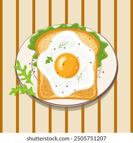 Breakfast toast with fried egg composition. Flat vector art illustration isolated