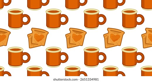 Breakfast Toast and Mug Pattern. Warm mugs and toasts with jam hearts in a seamless comforting pattern. Flat cartoon style with soft tones and cozy atmosphere.