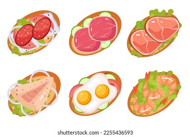 Breakfast toast sandwich illustration bread healthy vegan food snack ingredient set. Vector cartoon graphic design element