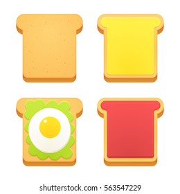 Breakfast toast set. Slices of toast with butter, jam, avocado and fried egg. Flat cartoon style vector illustration.