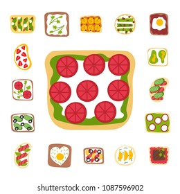 Breakfast toast set slices toasted crust sandwich with butter fried toaster flat cartoon style bread and butter vector illustration.