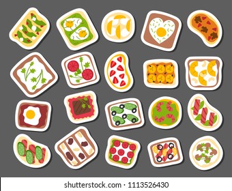 Breakfast toast set slices toasted crust sandwich with butter fried toaster flat cartoon style bread and butter vector illustration.