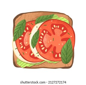 El desayuno se sirve con tomate, mozzarella, albahaca y puré de aguacate. Sándwich italiano a la parrilla con verduras. Aperitivos vegetarianos. Alimentos saludables. Ilustración vectorial plana coloreada aislada en fondo blanco