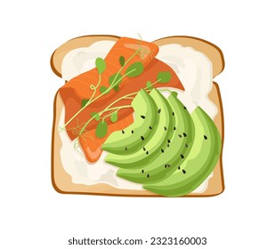 Desayuno con vistas a la azotea. Pan frito con salmón, pepino y lechuga. Verduras y marisco. La comida matutina tradicional. Dibujo vectorial plano de dibujos animados aislado en fondo blanco