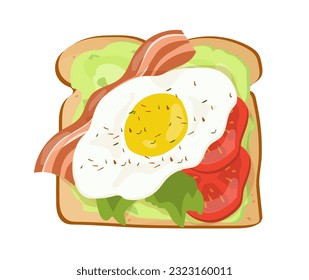 Breakfast toast top view concept. Fried bread with egg, bacon and vegetables. Delicious and healthy breakfast, proper nutrition. Cartoon flat vector illustration isolated on white background