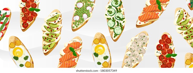 Breakfast toasts bruschette o crostini with different toppings: avocado, cheese, butter, tomato, salmon, radish, mushrooms, 
champignon, radish, cucumber, 
green pea, fish. Vector illustration banner