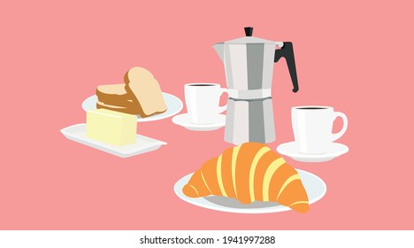 Breakfast with Toasts, Coffee Cups, Italian Coffee Machine, Butter with Plate, Croissant. Vector Illustration Isolated.